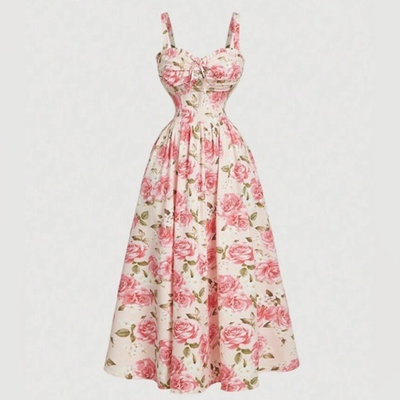 mod. Dresses & Skirts - French Floral Print Spaghetti Strap Mid-Calf Dress